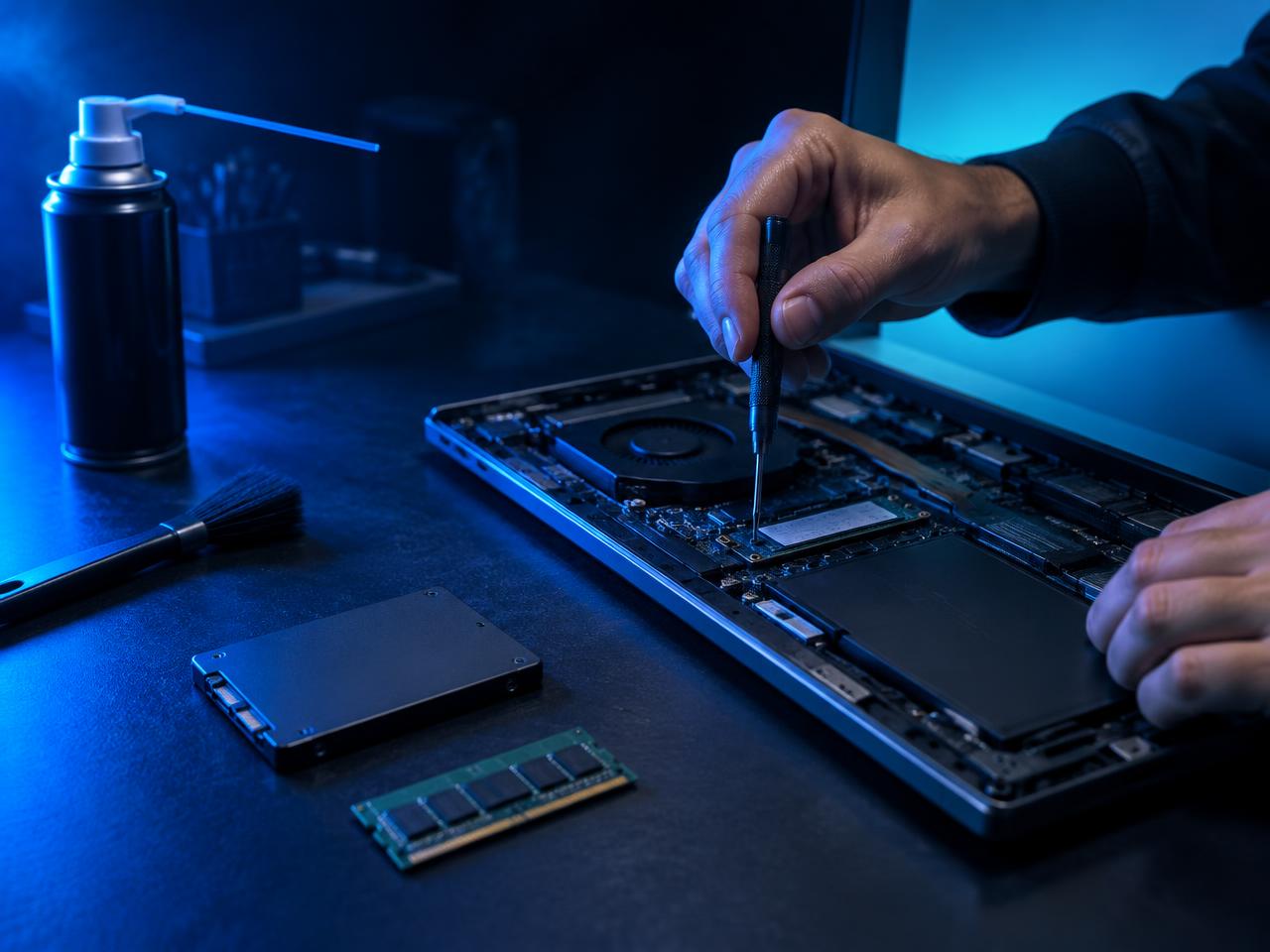 Serwis laptopa na blacie — wymiana dysku SSD, pamięci RAM i czyszczenie