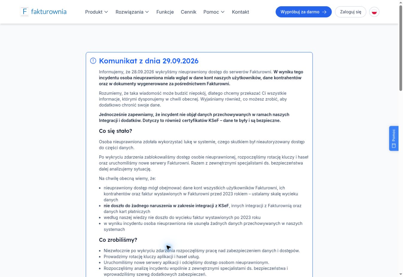 Oficjalny komunikat Fakturowni z 29 września 2026 roku dotyczący incydentu bezpieczeństwa