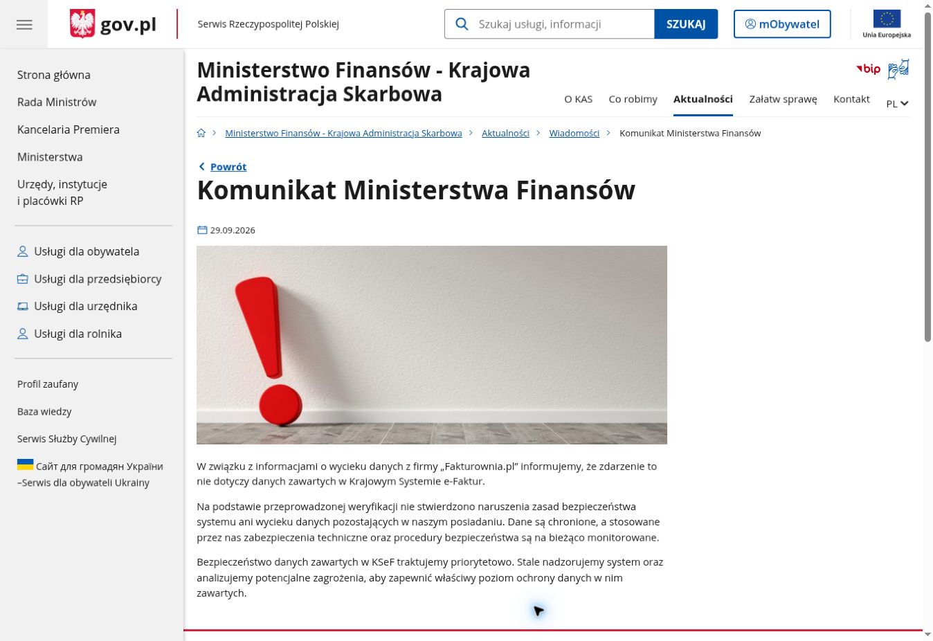 Komunikat Ministerstwa Finansów potwierdzający, że incydent nie dotyczy danych w KSeF